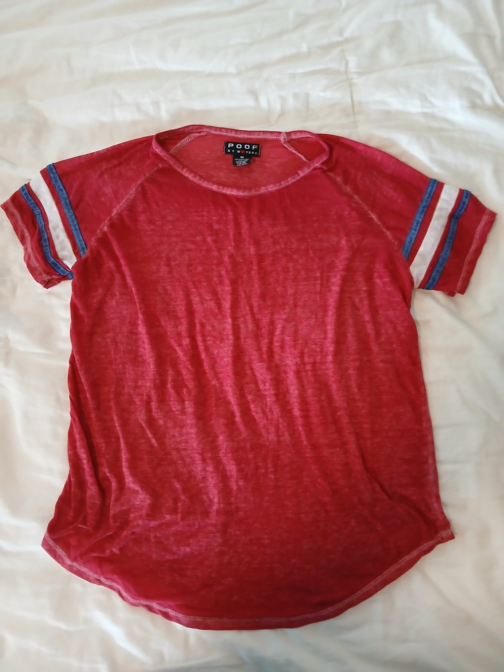 Poof New York Sheer Red Raglan Tee with Stripe Sleeves Medium